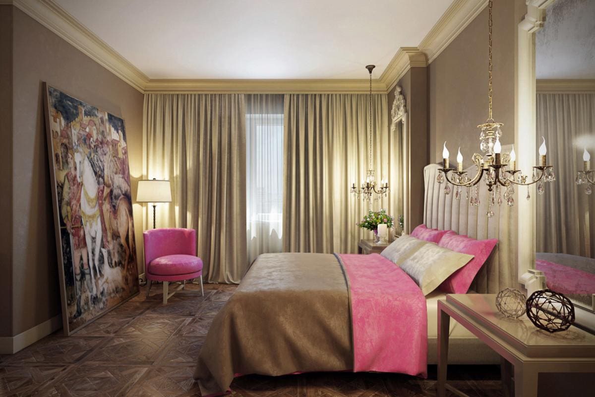 Спальня в нежно розовом и бежевом цветом с добавлением золота