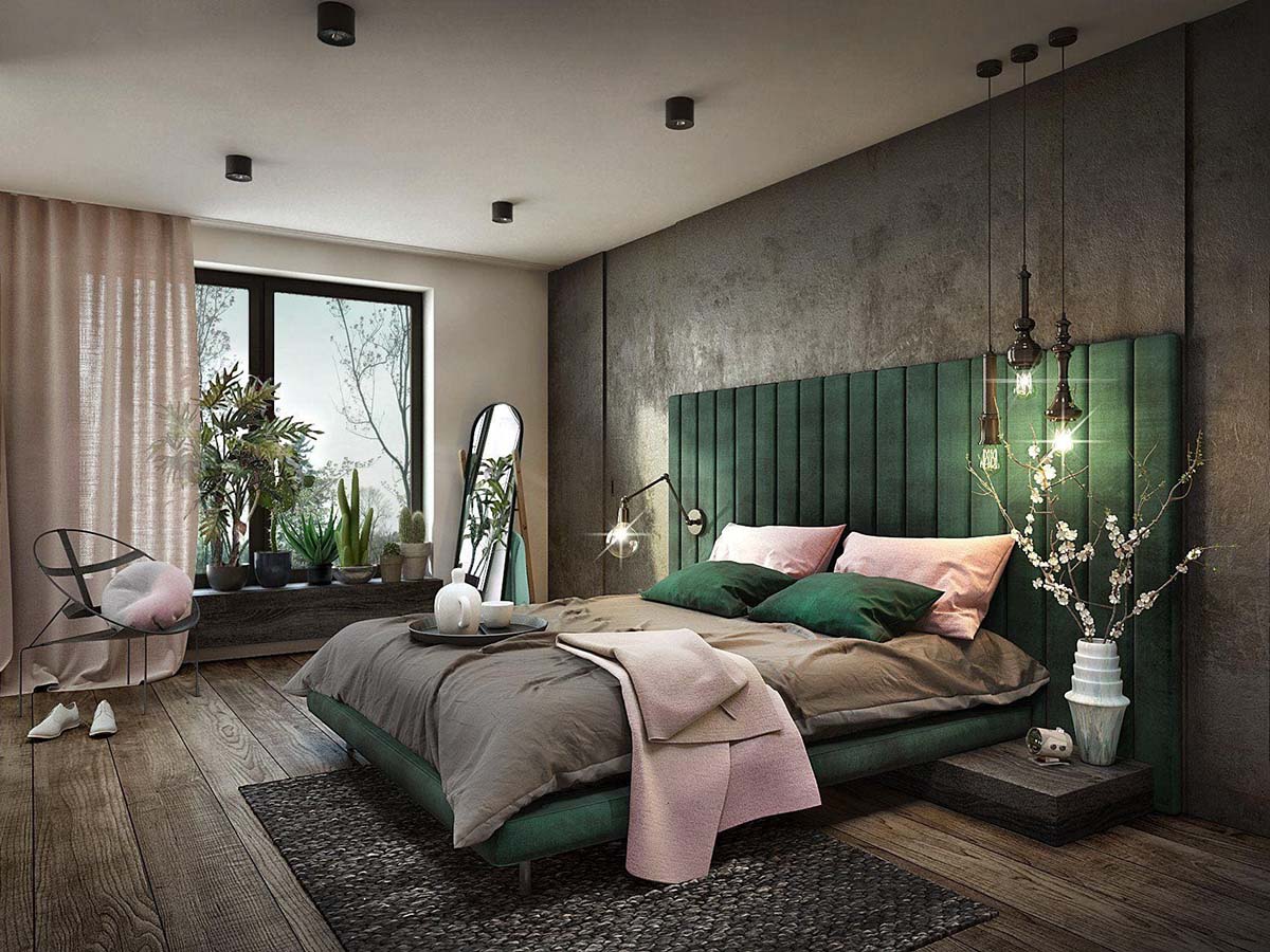 Спальня в сером и зеленом цвете с добавлением черного цвета
